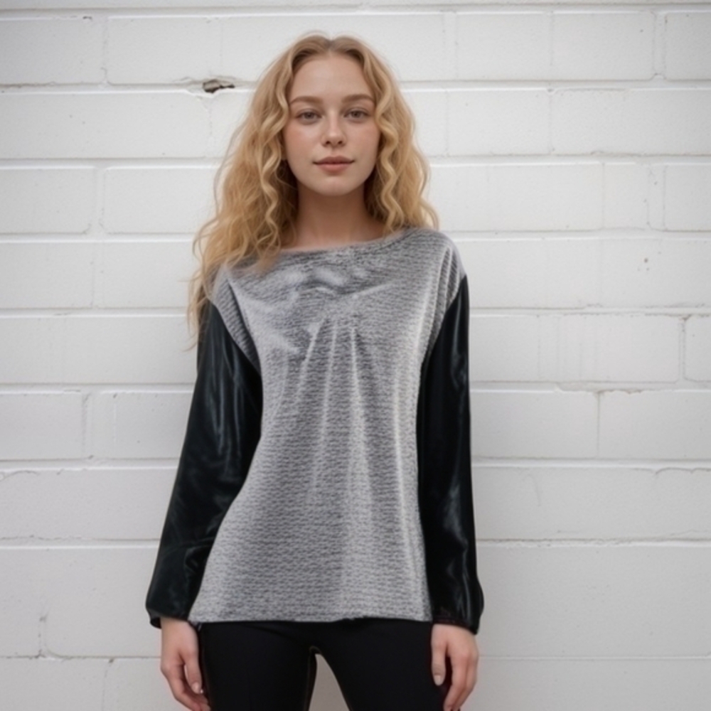 ASOS LEATHER SLEEVE HEATHERED GREY KNIT TOP SZ 14